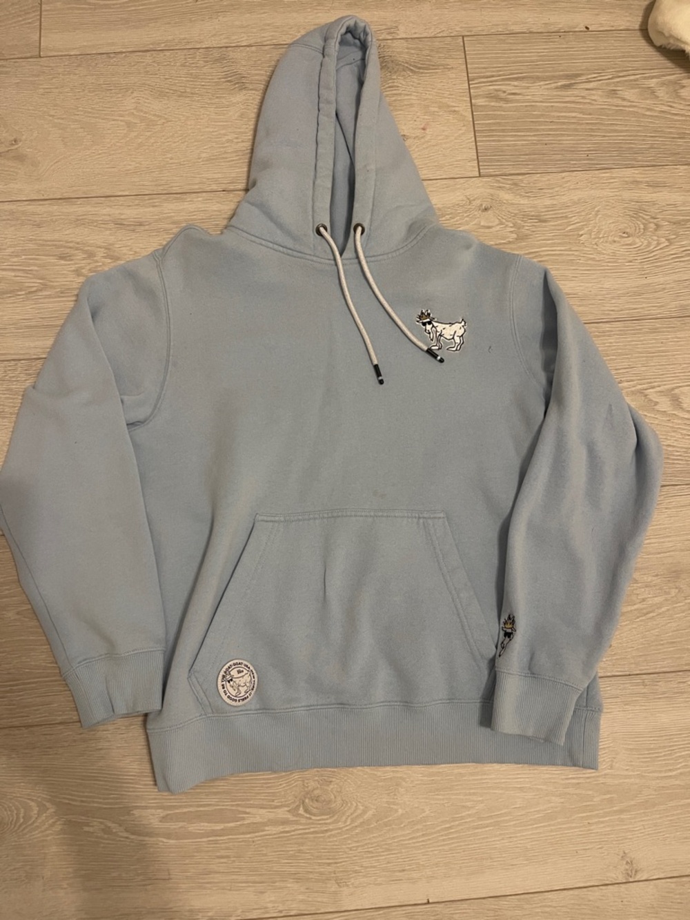 Women's Light Blue Pullover Hoodie with Embroidered Goat Motif